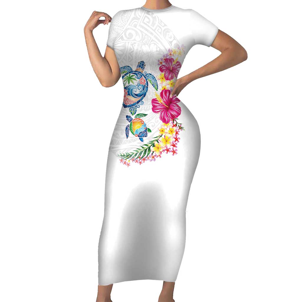 Hawaiian Abstract Art Turtles Family Matching Short Sleeve Bodycon Dress and Hawaiian Shirt with Plumeria and Hibiscus LT03 Mom's Dress White - Polynesian Pride