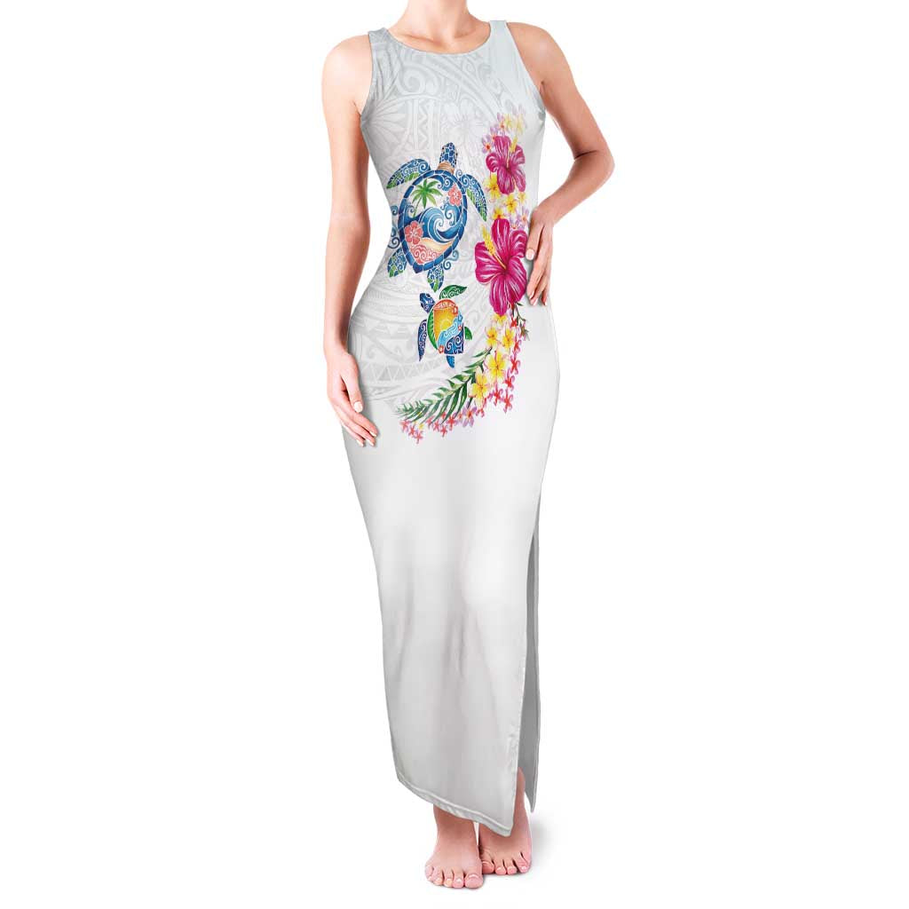 Hawaiian Abstract Art Turtles Family Matching Tank Maxi Dress and Hawaiian Shirt with Plumeria and Hibiscus LT03 Mom's Dress White - Polynesian Pride