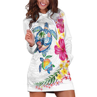 Hawaiian Abstract Art Turtles Hoodie Dress with Plumeria and Hibiscus LT03 White - Polynesian Pride