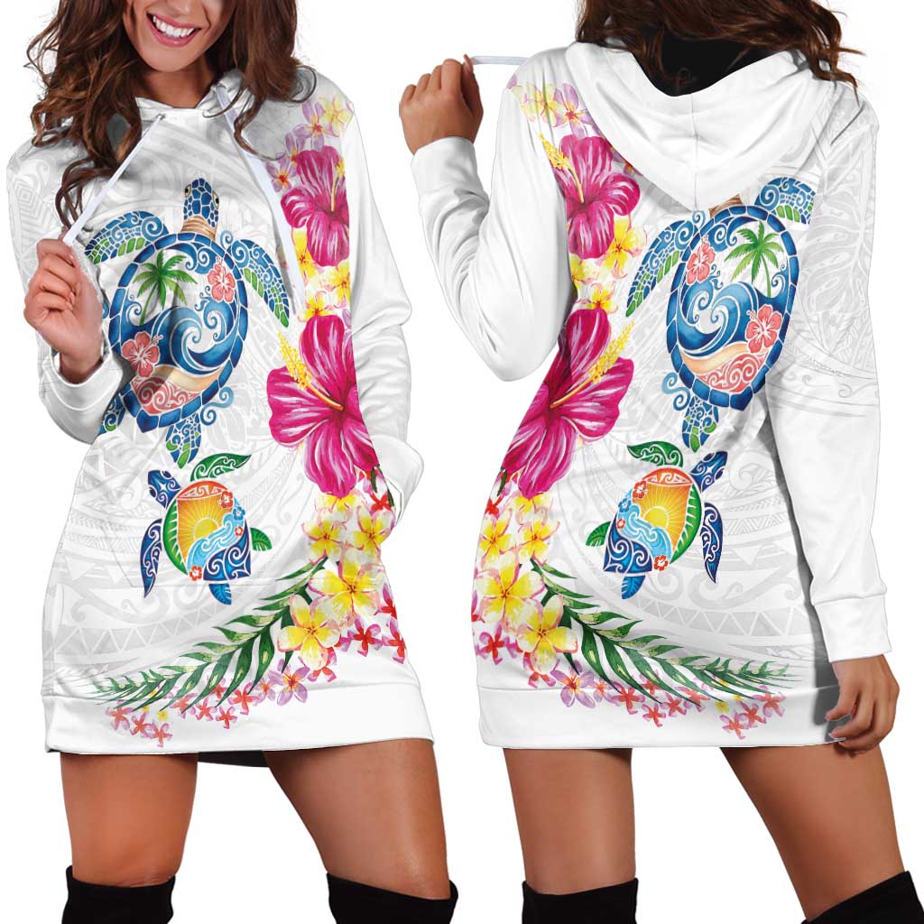 Hawaiian Abstract Art Turtles Hoodie Dress with Plumeria and Hibiscus LT03 - Polynesian Pride