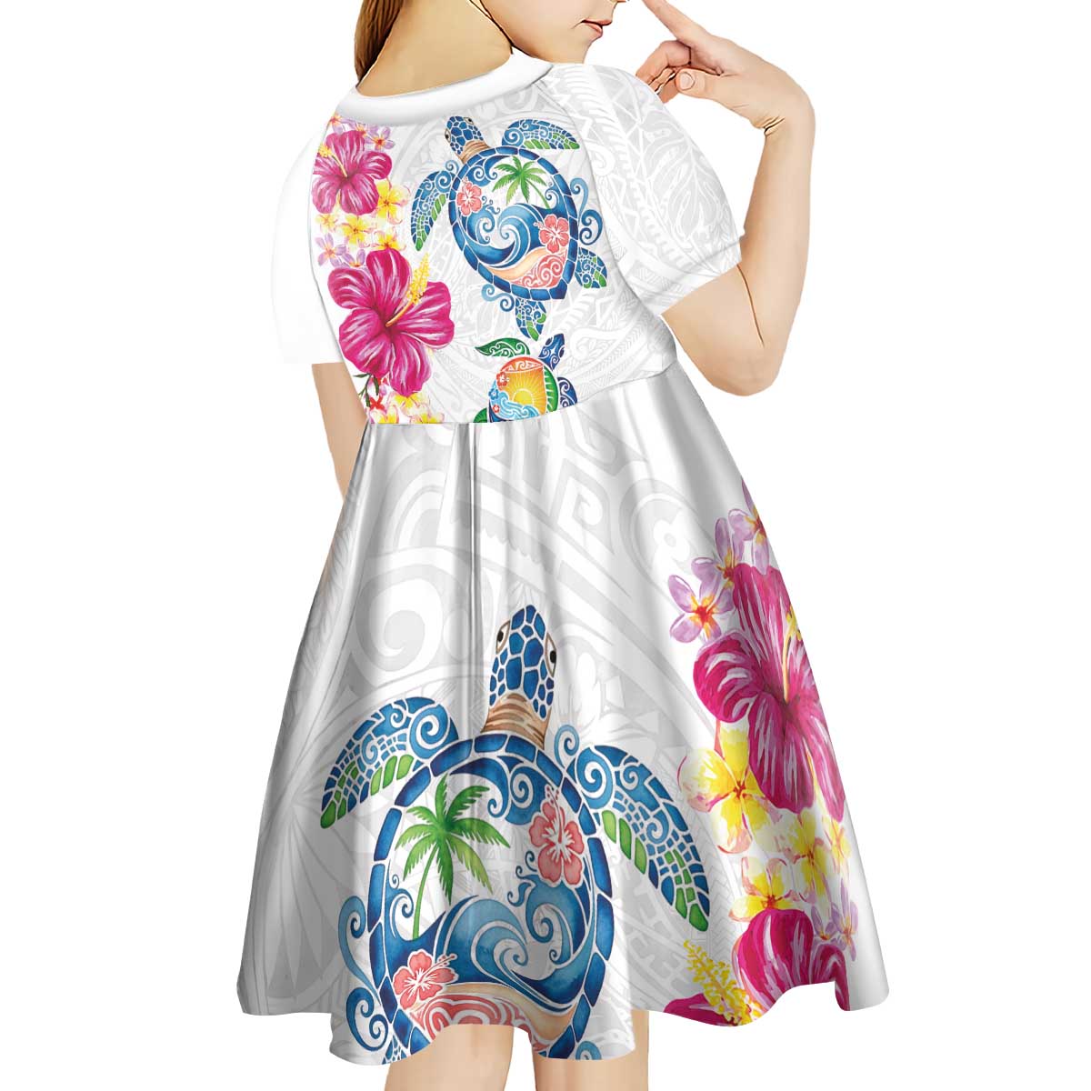 Hawaiian Abstract Art Turtles Kid Short Sleeve Dress with Plumeria and Hibiscus - Polynesian Pride