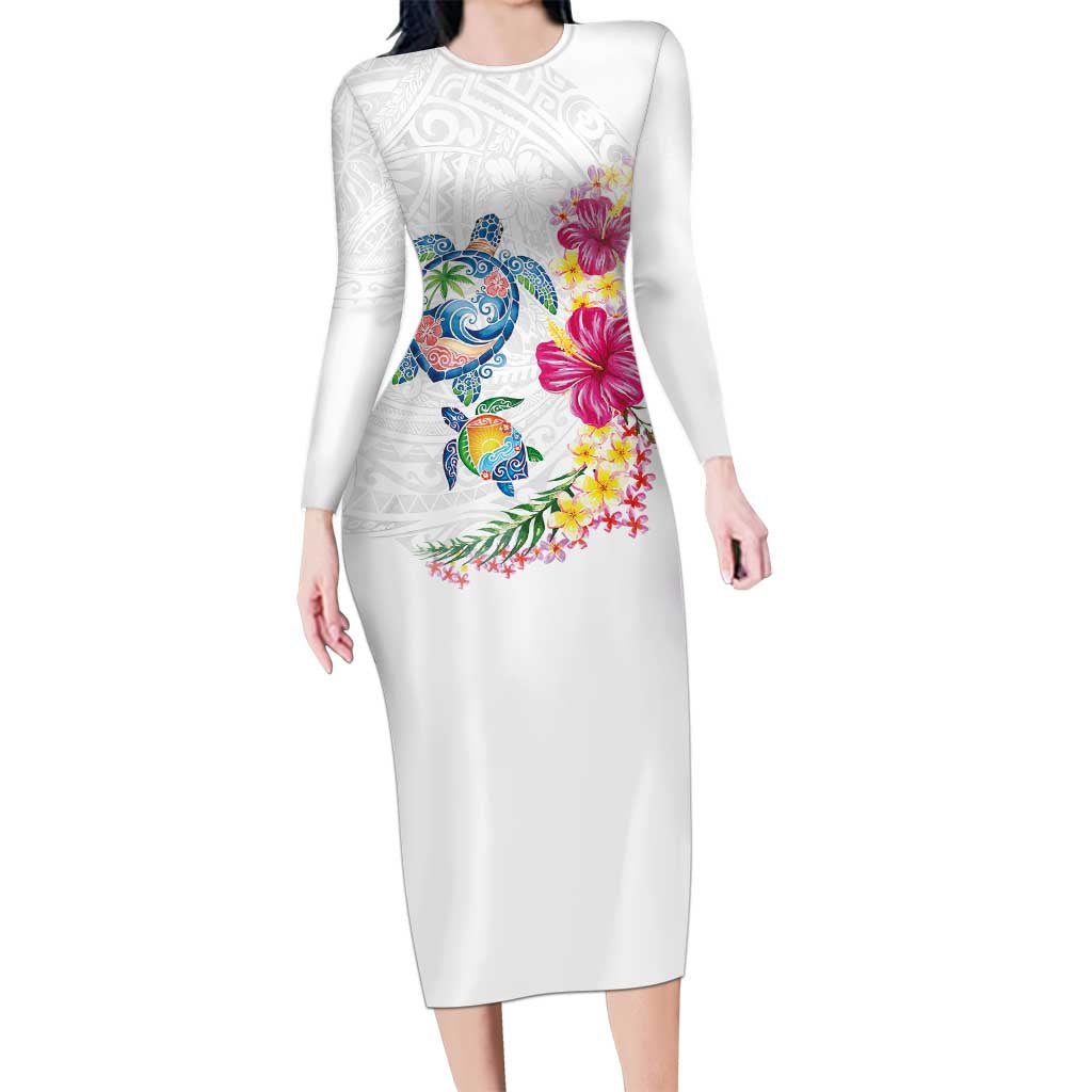 Hawaiian Abstract Art Turtles Long Sleeve Bodycon Dress with Plumeria and Hibiscus LT03 Long Dress White - Polynesian Pride