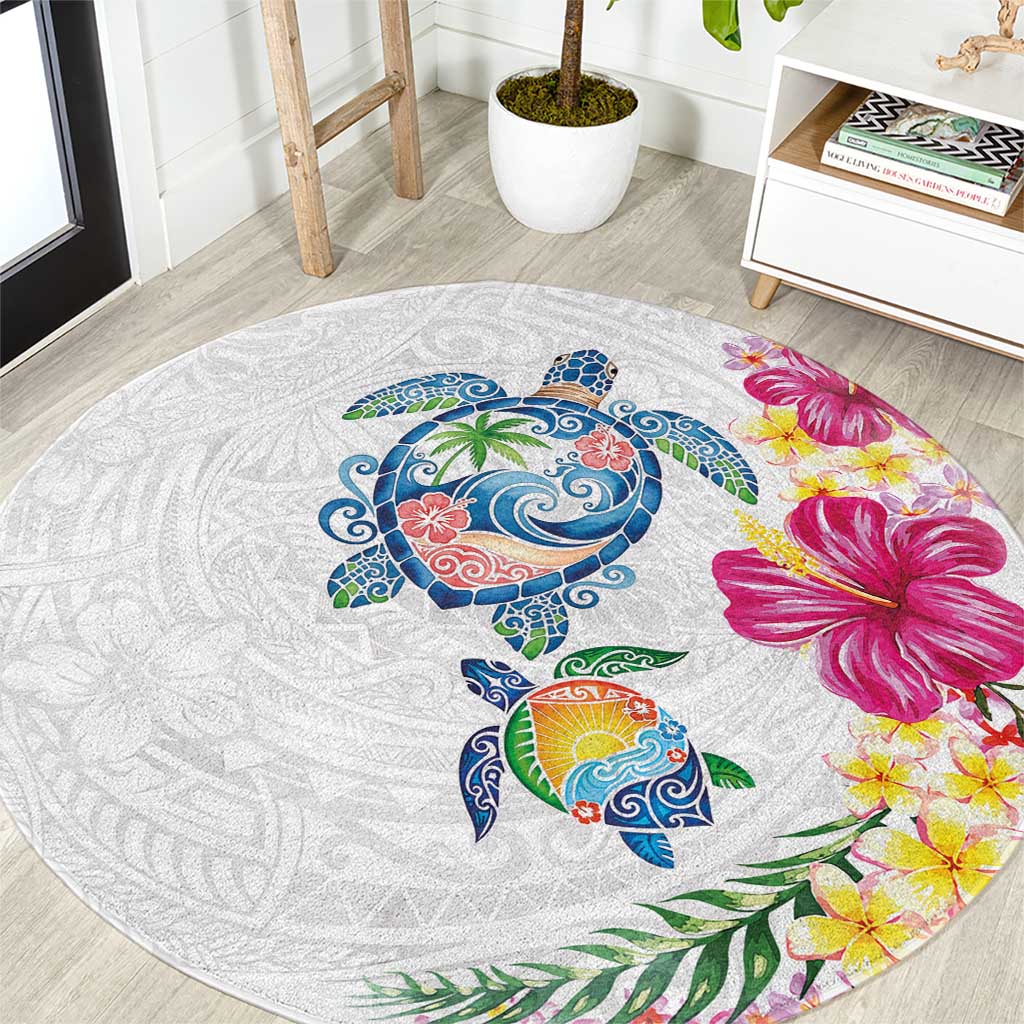 Hawaiian Abstract Art Turtles Round Carpet with Plumeria and Hibiscus LT03 White - Polynesian Pride