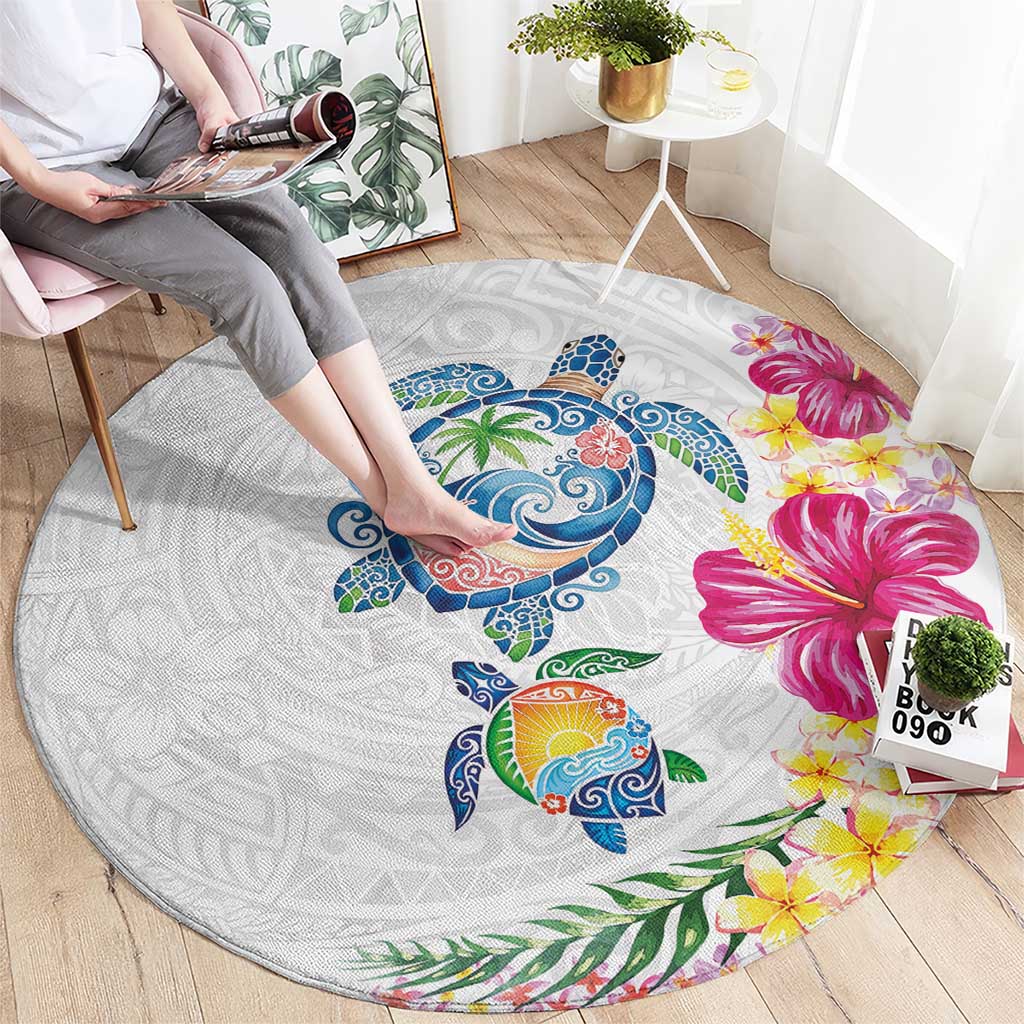 Hawaiian Abstract Art Turtles Round Carpet with Plumeria and Hibiscus LT03 - Polynesian Pride