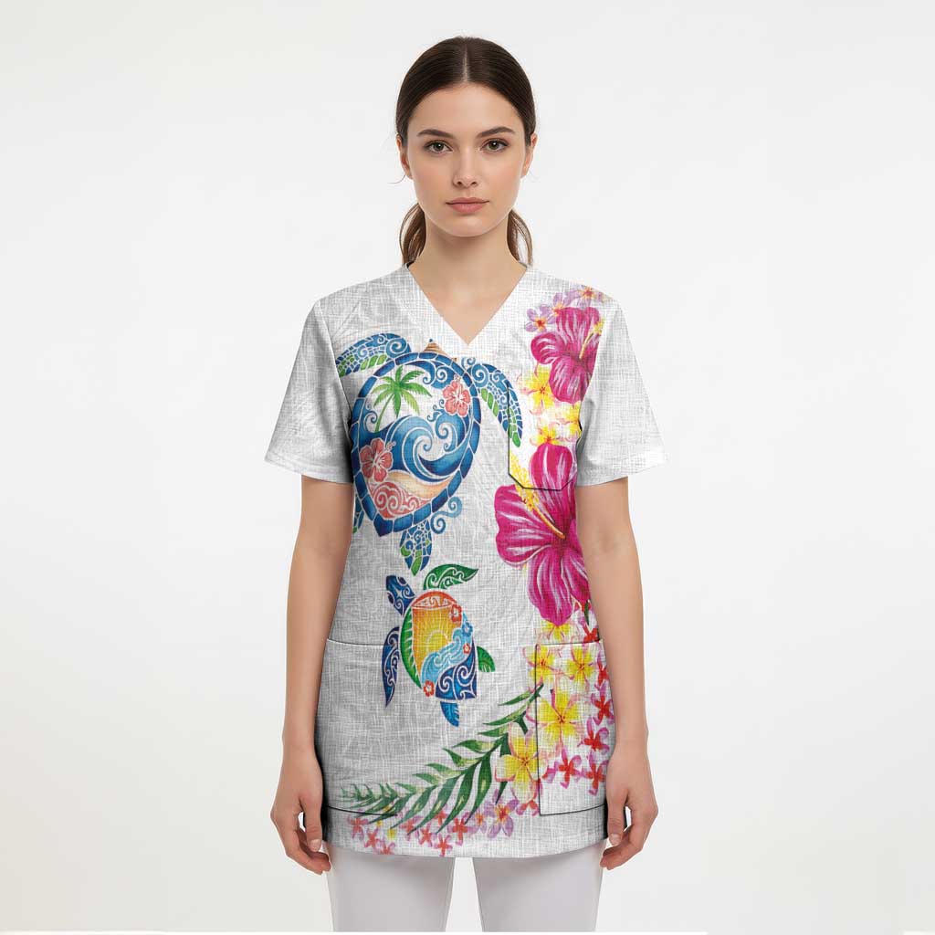 Hawaiian Abstract Art Turtles Scrub Top with Plumeria and Hibiscus - Polynesian Pride