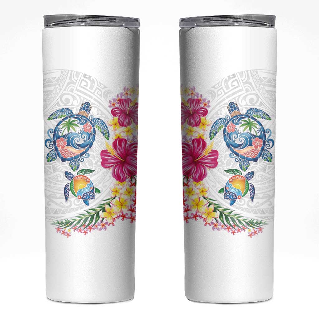 Hawaiian Abstract Art Turtles Skinny Tumbler with Plumeria and Hibiscus LT03 White - Polynesian Pride
