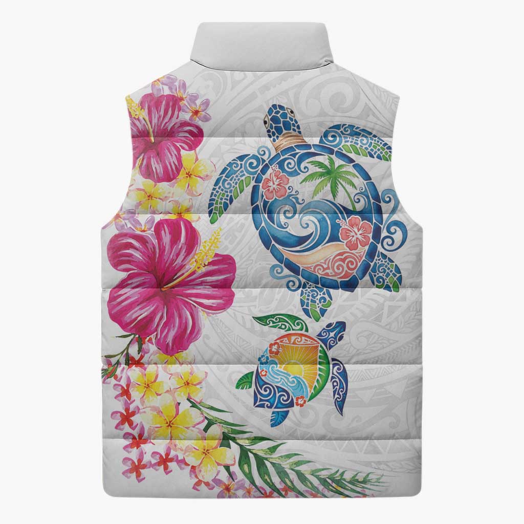Hawaiian Abstract Art Turtles Sleeveless Puffer Jacket with Plumeria and Hibiscus - Polynesian Pride