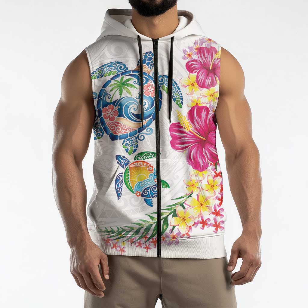 Hawaiian Abstract Art Turtles Sleeveless Zip Hoodie with Plumeria and Hibiscus LT03 - Polynesian Pride