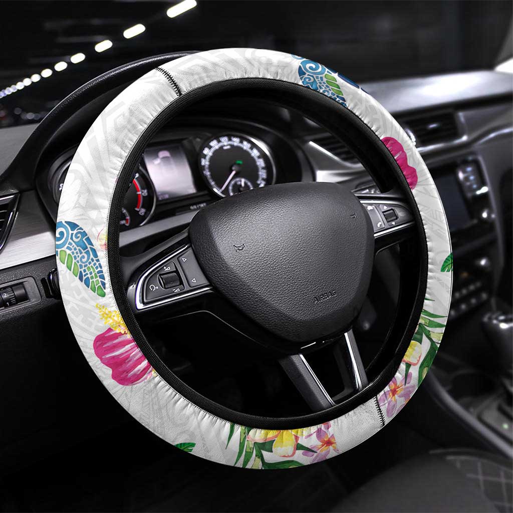 Hawaiian Abstract Art Turtles Steering Wheel Cover with Plumeria and Hibiscus LT03 Universal Fit White - Polynesian Pride