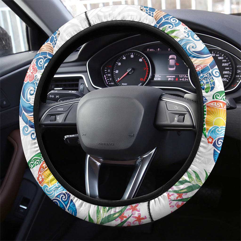 Hawaiian Abstract Art Turtles Steering Wheel Cover with Plumeria and Hibiscus LT03 - Polynesian Pride