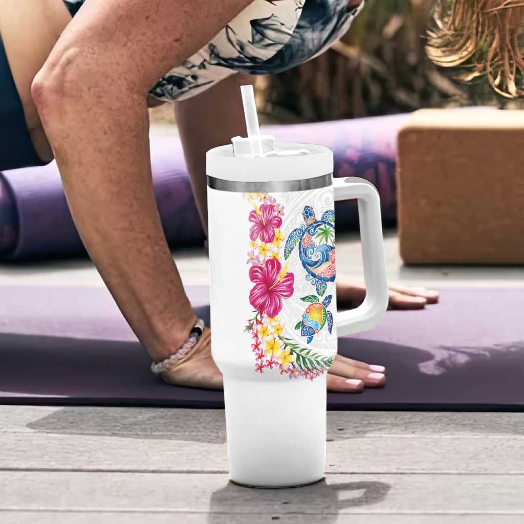 Hawaiian Abstract Art Turtles Tumbler With Handle with Plumeria and Hibiscus - Polynesian Pride