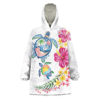 Hawaiian Abstract Art Turtles Wearable Blanket Hoodie with Plumeria and Hibiscus LT03 One Size White - Polynesian Pride