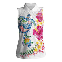 Hawaiian Abstract Art Turtles Women Sleeveless Polo Shirt with Plumeria and Hibiscus LT03 Female White - Polynesian Pride