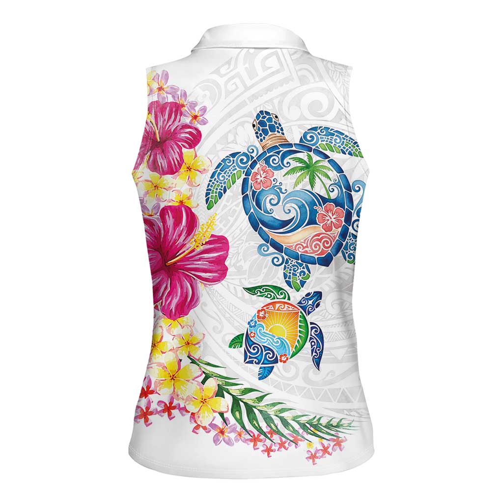 Hawaiian Abstract Art Turtles Women Sleeveless Polo Shirt with Plumeria and Hibiscus LT03 - Polynesian Pride
