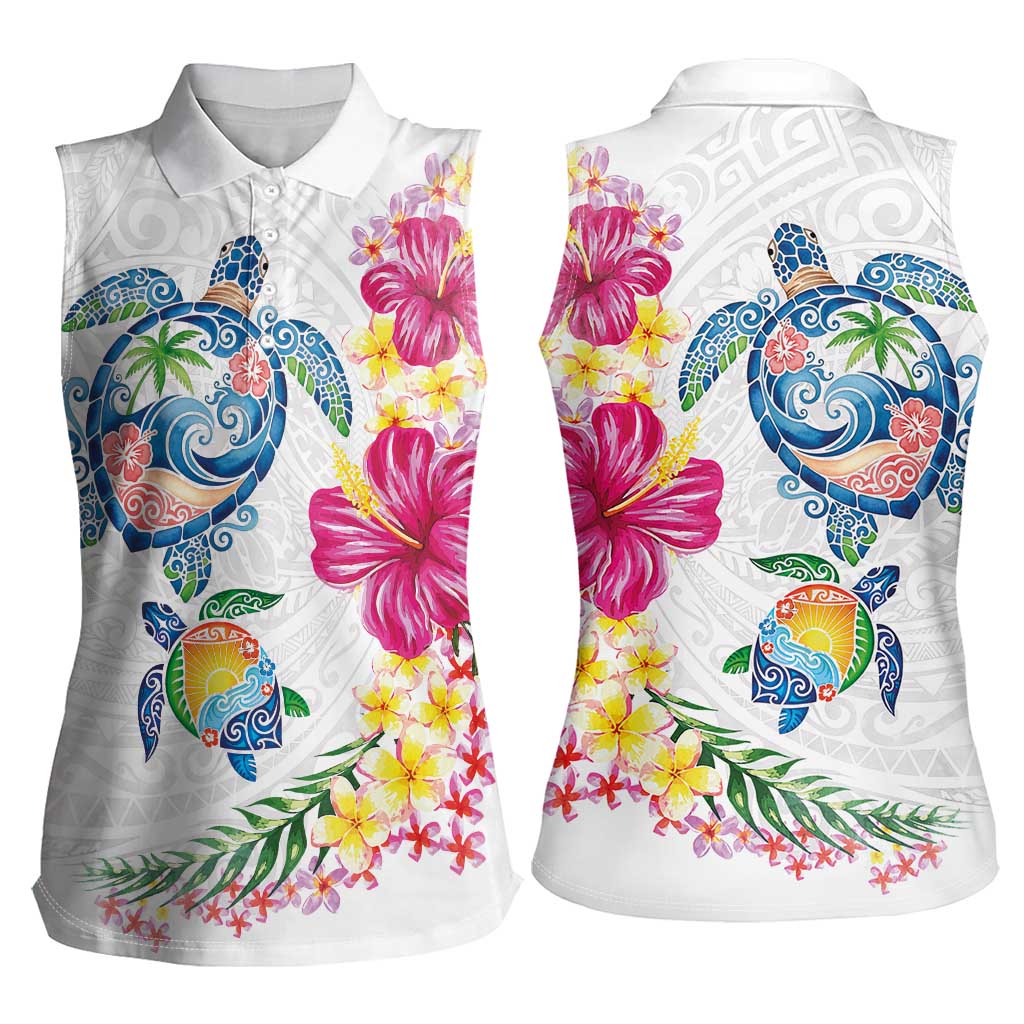 Hawaiian Abstract Art Turtles Women Sleeveless Polo Shirt with Plumeria and Hibiscus LT03 - Polynesian Pride