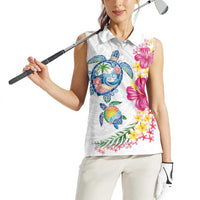Hawaiian Abstract Art Turtles Women Sleeveless Polo Shirt with Plumeria and Hibiscus LT03 - Polynesian Pride