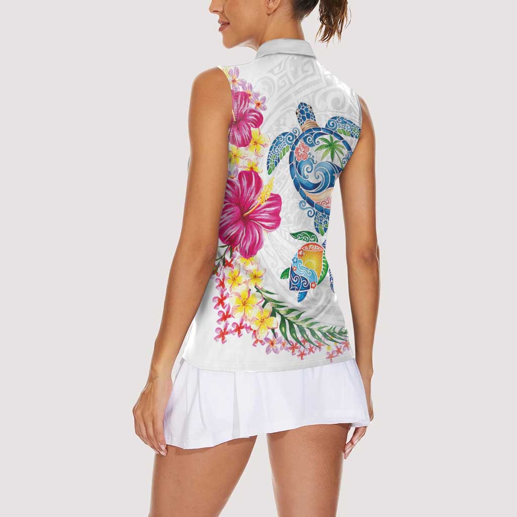 Hawaiian Abstract Art Turtles Women Sleeveless Polo Shirt with Plumeria and Hibiscus LT03 - Polynesian Pride
