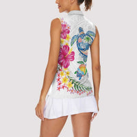 Hawaiian Abstract Art Turtles Women Sleeveless Polo Shirt with Plumeria and Hibiscus LT03 - Polynesian Pride