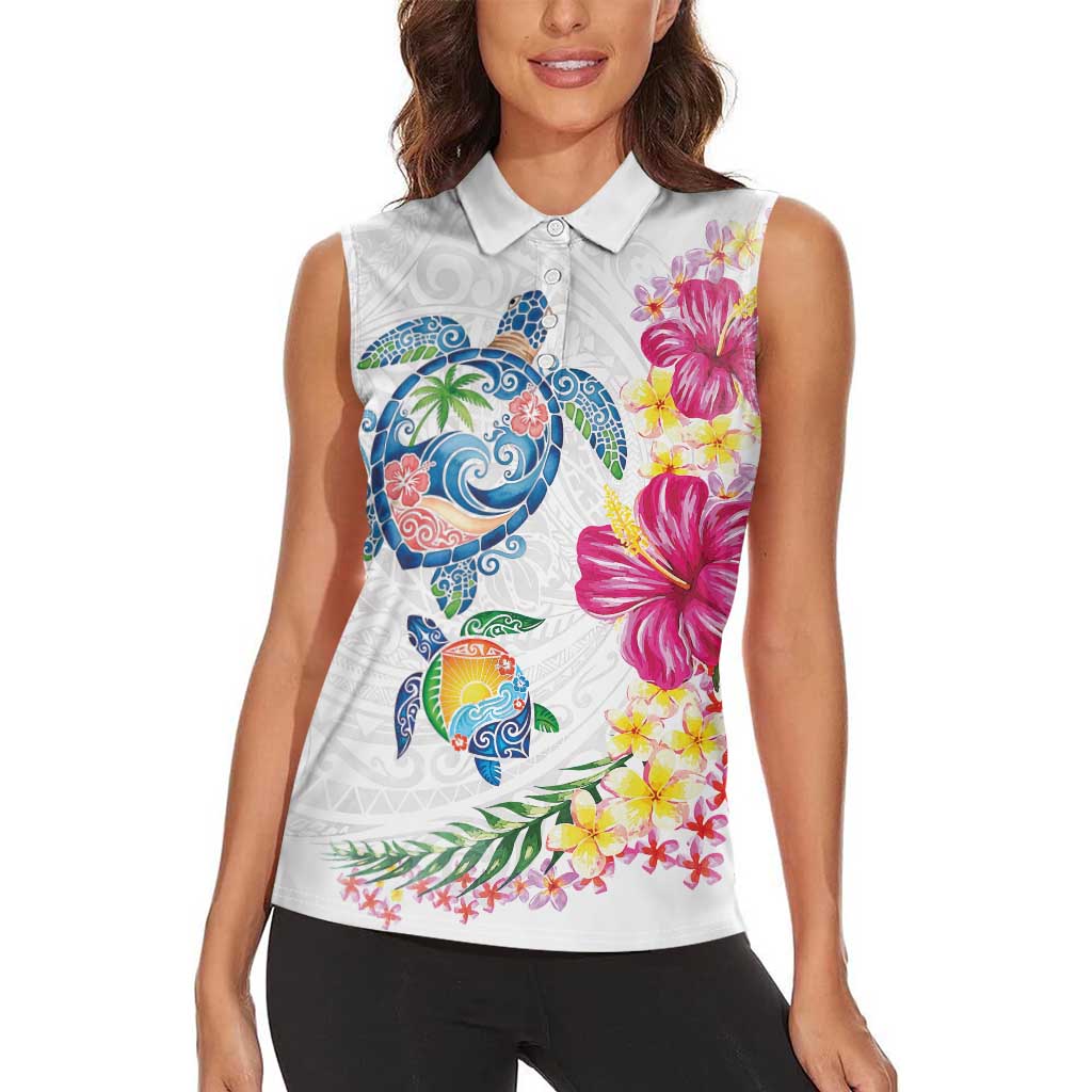 Hawaiian Abstract Art Turtles Women Sleeveless Polo Shirt with Plumeria and Hibiscus LT03 - Polynesian Pride