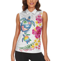 Hawaiian Abstract Art Turtles Women Sleeveless Polo Shirt with Plumeria and Hibiscus LT03 - Polynesian Pride