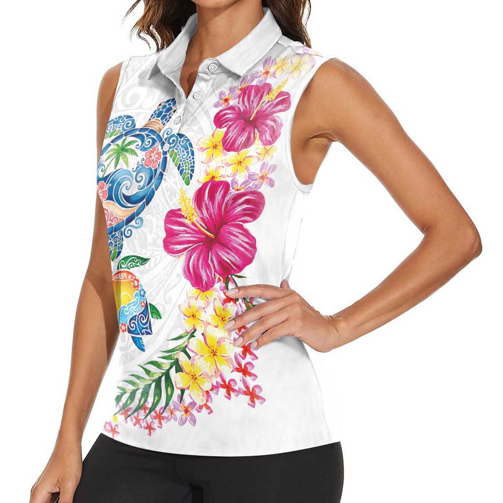 Hawaiian Abstract Art Turtles Women Sleeveless Polo Shirt with Plumeria and Hibiscus LT03 - Polynesian Pride