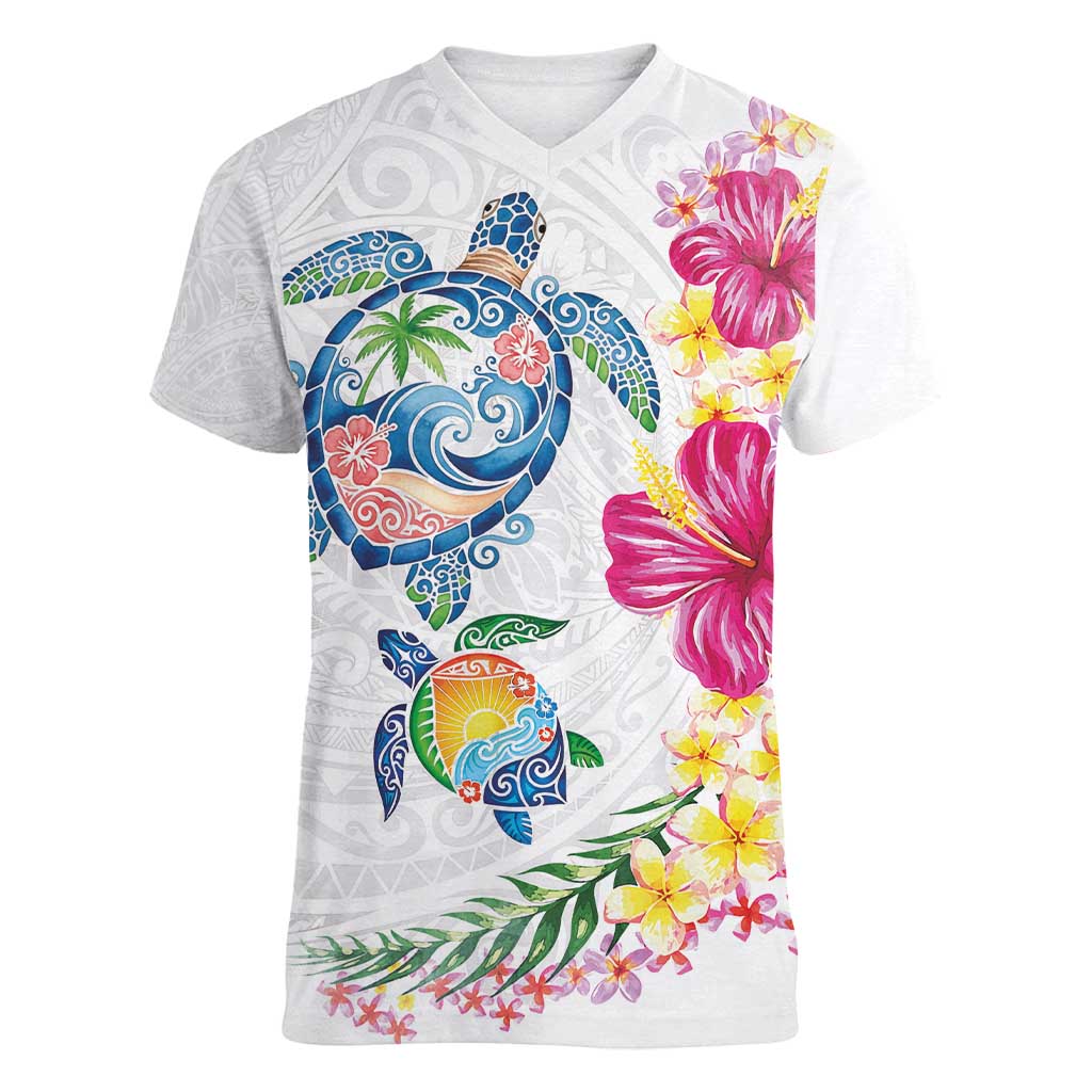 Hawaiian Abstract Art Turtles Women V-Neck T-Shirt with Plumeria and Hibiscus LT03 Female White - Polynesian Pride