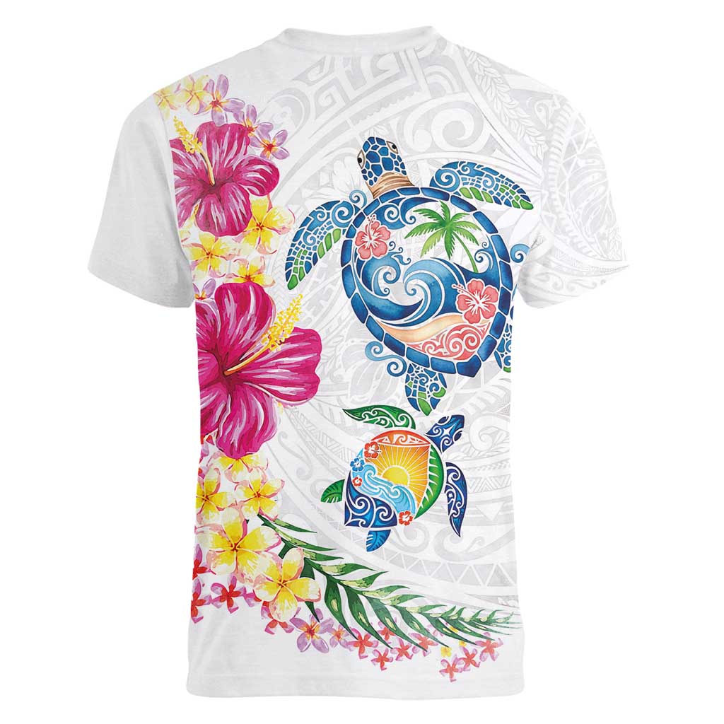 Hawaiian Abstract Art Turtles Women V-Neck T-Shirt with Plumeria and Hibiscus LT03 - Polynesian Pride