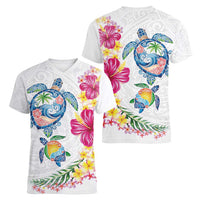 Hawaiian Abstract Art Turtles Women V-Neck T-Shirt with Plumeria and Hibiscus LT03 - Polynesian Pride