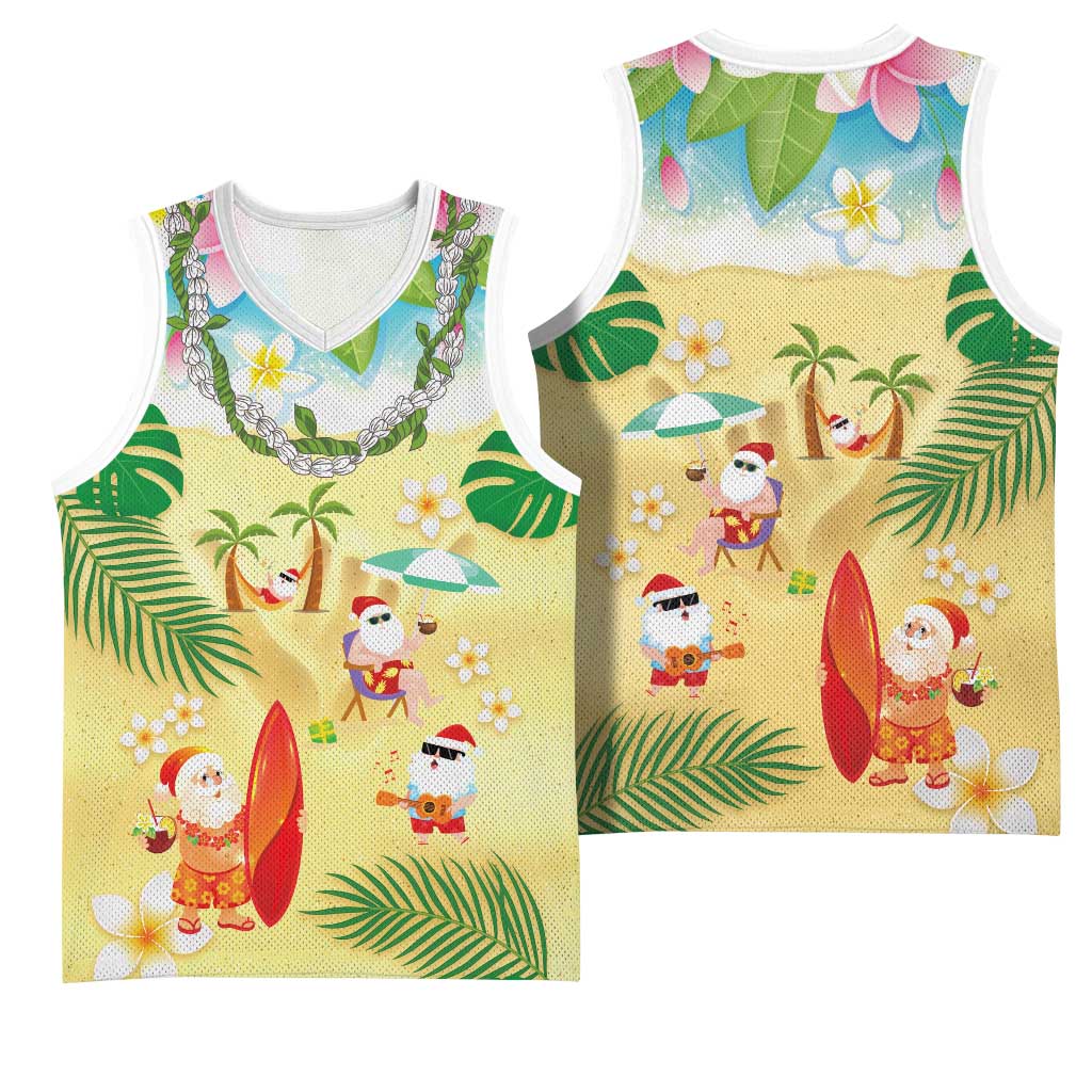 Hawaiian Mele Kalikimaka Basketball Jersey Tropical Plumeria and Lei Funny Santa Beach LT03 - Polynesian Pride