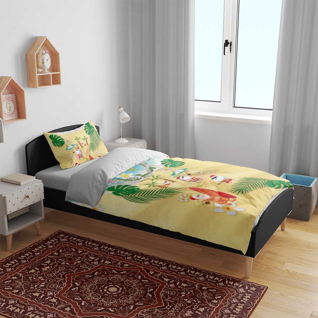 Hawaiian Mele Kalikimaka Bedding Set Tropical Plumeria and Lei Funny Santa Beach - Polynesian Pride
