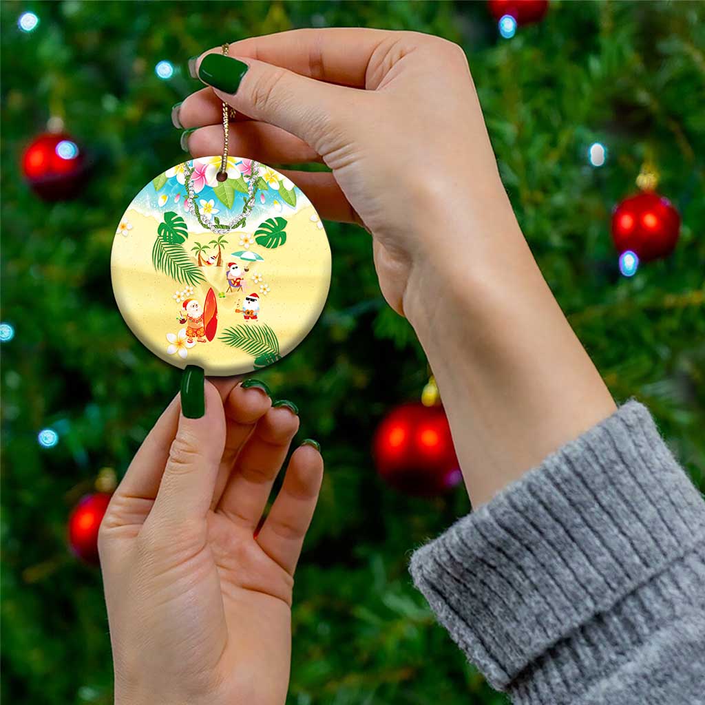 Hawaiian Mele Kalikimaka Ceramic Ornament Funny Santa Claus on Beach with Tropical Plants and Lei - Polynesian Pride