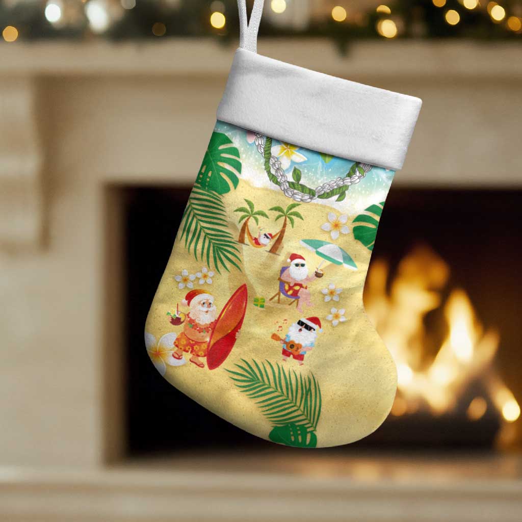 Hawaiian Mele Kalikimaka Christmas Stocking Funny Santa Claus on Beach with Tropical Plants and Lei LT03 Set of 2 Multicolor - Polynesian Pride