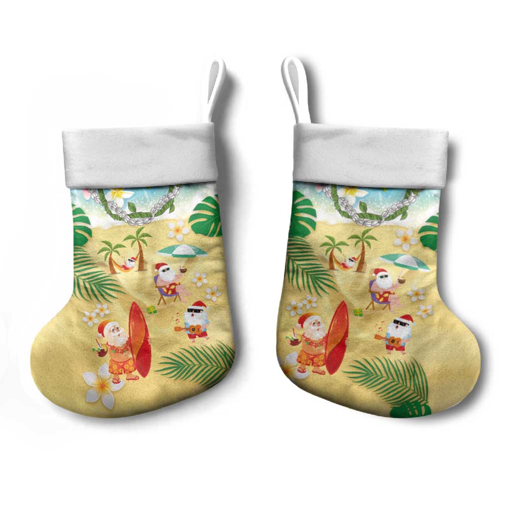 Hawaiian Mele Kalikimaka Christmas Stocking Funny Santa Claus on Beach with Tropical Plants and Lei LT03 - Polynesian Pride
