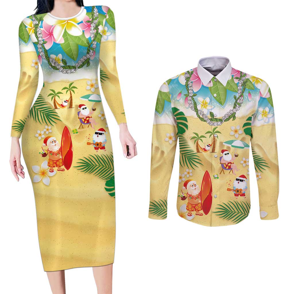 Hawaiian Mele Kalikimaka Couples Matching Long Sleeve Bodycon Dress and Long Sleeve Button Shirt Tropical Plumeria and Lei Funny Santa Beach LT03 Multicolor - Polynesian Pride