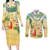 Hawaiian Mele Kalikimaka Couples Matching Long Sleeve Bodycon Dress and Long Sleeve Button Shirt Tropical Plumeria and Lei Funny Santa Beach LT03 Multicolor - Polynesian Pride