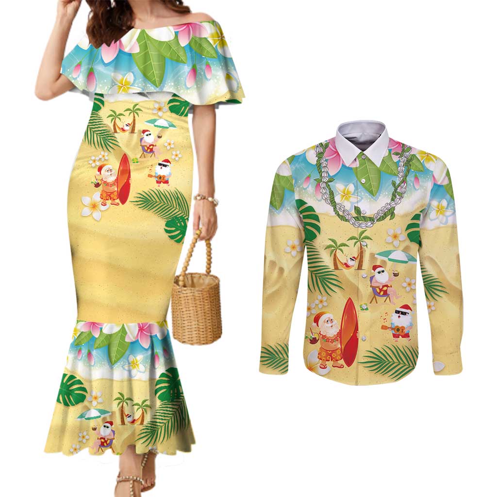 Hawaiian Mele Kalikimaka Couples Matching Mermaid Dress and Long Sleeve Button Shirt Tropical Plumeria and Lei Funny Santa Beach LT03 Multicolor - Polynesian Pride