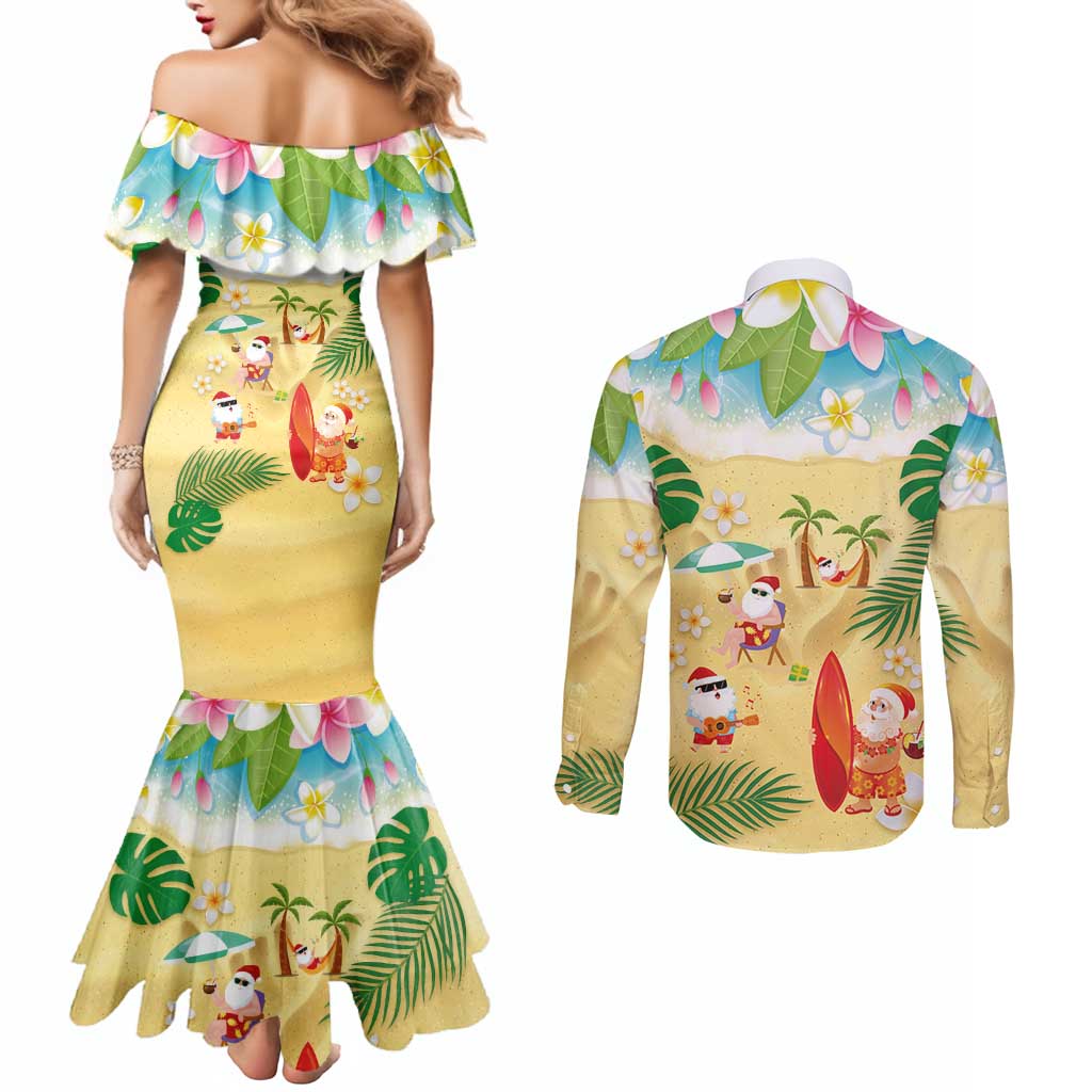 Hawaiian Mele Kalikimaka Couples Matching Mermaid Dress and Long Sleeve Button Shirt Tropical Plumeria and Lei Funny Santa Beach LT03 - Polynesian Pride