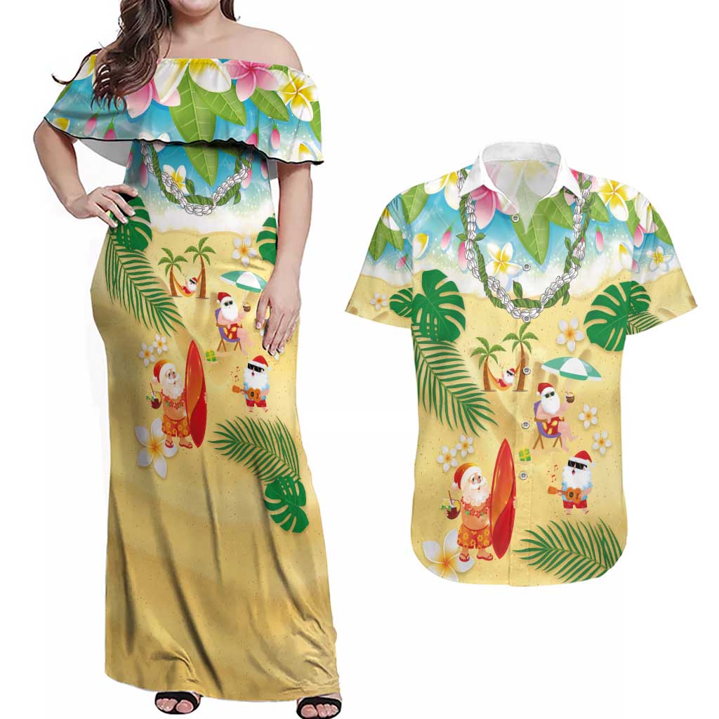 Hawaiian Mele Kalikimaka Couples Matching Off Shoulder Maxi Dress and Hawaiian Shirt Tropical Plumeria and Lei Funny Santa Beach LT03 Multicolor - Polynesian Pride