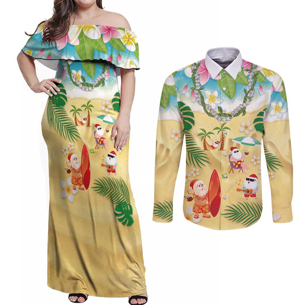 Hawaiian Mele Kalikimaka Couples Matching Off Shoulder Maxi Dress and Long Sleeve Button Shirt Tropical Plumeria and Lei Funny Santa Beach LT03 Multicolor - Polynesian Pride