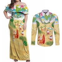 Hawaiian Mele Kalikimaka Couples Matching Off Shoulder Maxi Dress and Long Sleeve Button Shirt Tropical Plumeria and Lei Funny Santa Beach LT03 Multicolor - Polynesian Pride