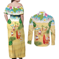 Hawaiian Mele Kalikimaka Couples Matching Off Shoulder Maxi Dress and Long Sleeve Button Shirt Tropical Plumeria and Lei Funny Santa Beach LT03 - Polynesian Pride
