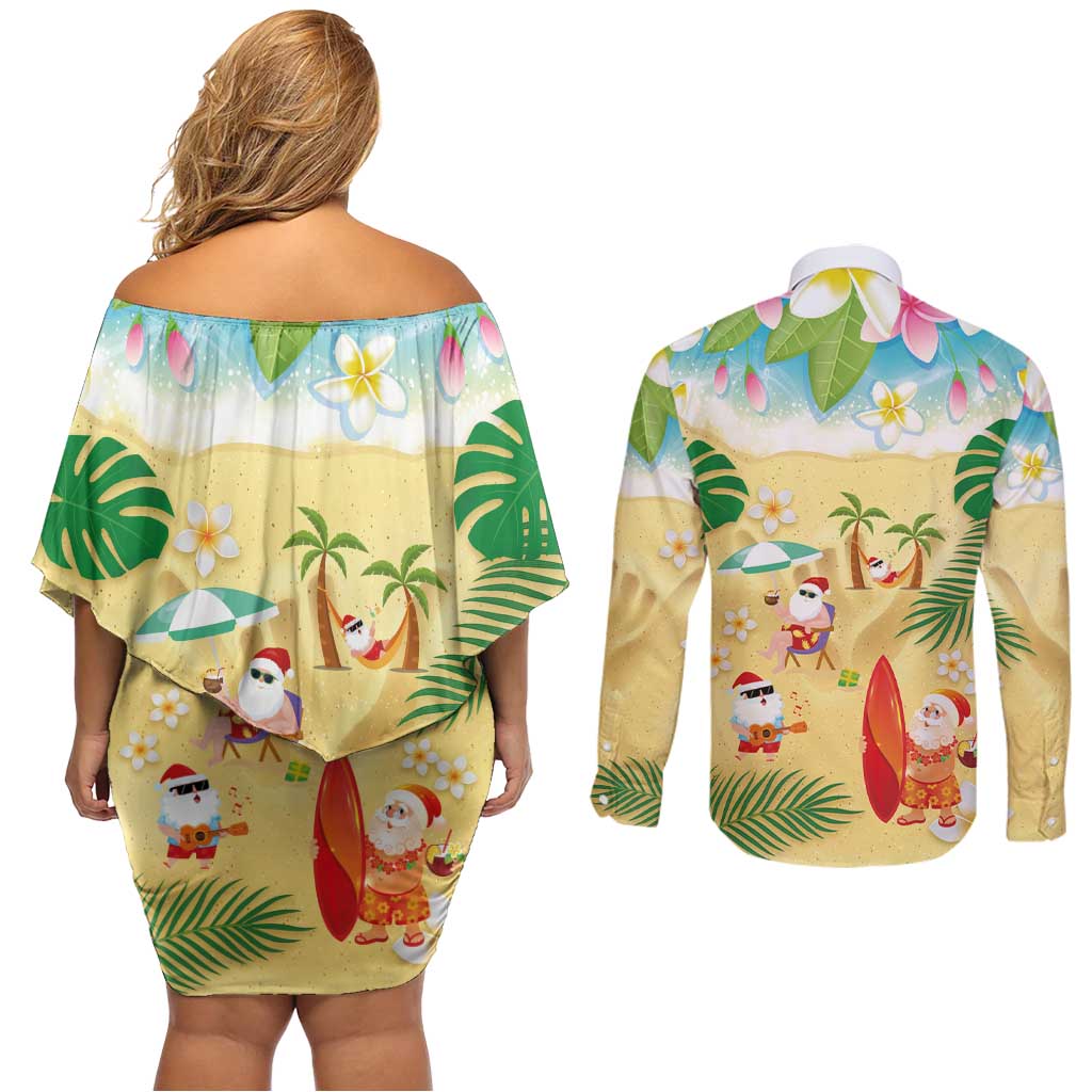 Hawaiian Mele Kalikimaka Couples Matching Off Shoulder Short Dress and Long Sleeve Button Shirt Tropical Plumeria and Lei Funny Santa Beach LT03 - Polynesian Pride