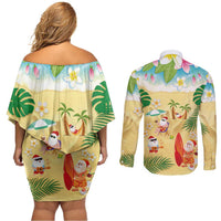 Hawaiian Mele Kalikimaka Couples Matching Off Shoulder Short Dress and Long Sleeve Button Shirt Tropical Plumeria and Lei Funny Santa Beach LT03 - Polynesian Pride