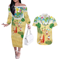 Hawaiian Mele Kalikimaka Couples Matching Off The Shoulder Long Sleeve Dress and Hawaiian Shirt Tropical Plumeria and Lei Funny Santa Beach LT03 Multicolor - Polynesian Pride