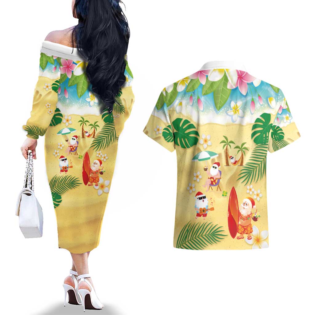 Hawaiian Mele Kalikimaka Couples Matching Off The Shoulder Long Sleeve Dress and Hawaiian Shirt Tropical Plumeria and Lei Funny Santa Beach LT03 - Polynesian Pride