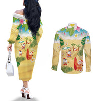 Hawaiian Mele Kalikimaka Couples Matching Off The Shoulder Long Sleeve Dress and Long Sleeve Button Shirt Tropical Plumeria and Lei Funny Santa Beach LT03 - Polynesian Pride