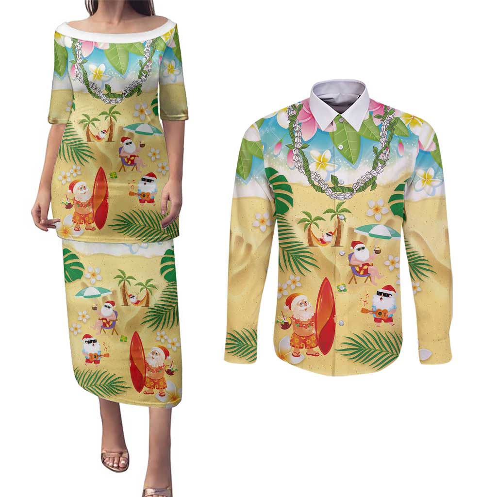 Hawaiian Mele Kalikimaka Couples Matching Puletasi and Long Sleeve Button Shirt Tropical Plumeria and Lei Funny Santa Beach LT03 Multicolor - Polynesian Pride