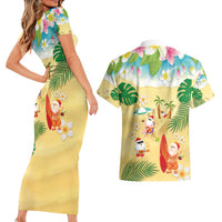 Hawaiian Mele Kalikimaka Couples Matching Short Sleeve Bodycon Dress and Hawaiian Shirt Tropical Plumeria and Lei Funny Santa Beach LT03 - Polynesian Pride