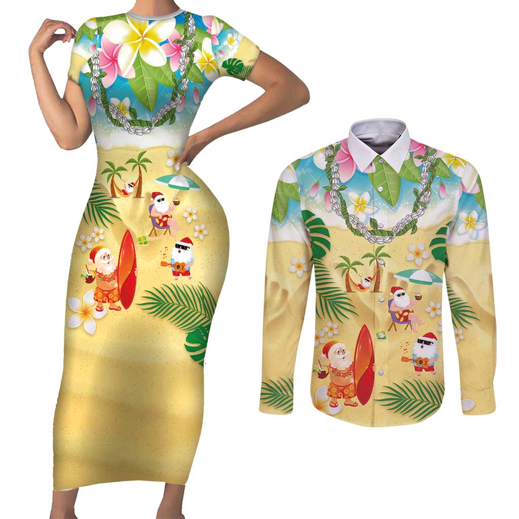 Hawaiian Mele Kalikimaka Couples Matching Short Sleeve Bodycon Dress and Long Sleeve Button Shirt Tropical Plumeria and Lei Funny Santa Beach LT03 Multicolor - Polynesian Pride