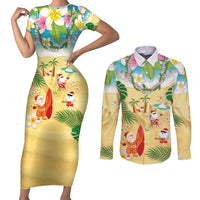 Hawaiian Mele Kalikimaka Couples Matching Short Sleeve Bodycon Dress and Long Sleeve Button Shirt Tropical Plumeria and Lei Funny Santa Beach LT03 Multicolor - Polynesian Pride